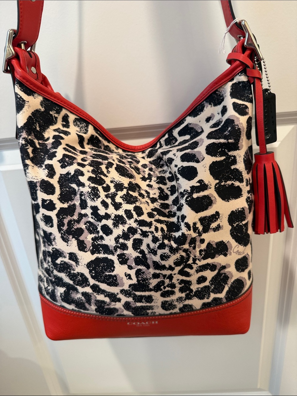 NWT Coach Red Leather-Trim Leopard Print Shoulder Hobo with dust bag